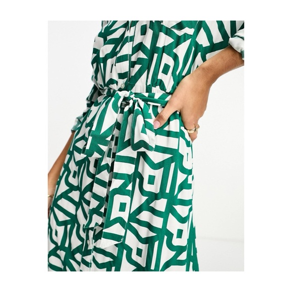 🆕 River Island Geo Printed Belted Shirt Dress in Green - Picture 4 of 5
